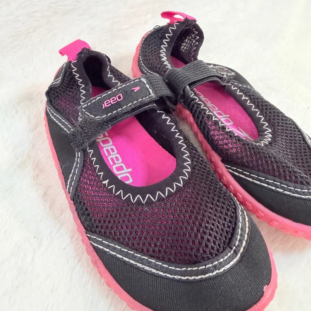 Speedo Kids Water Shoes Black Pink Mary Jane Aqua Socks Size M 7/8 Pool Beach